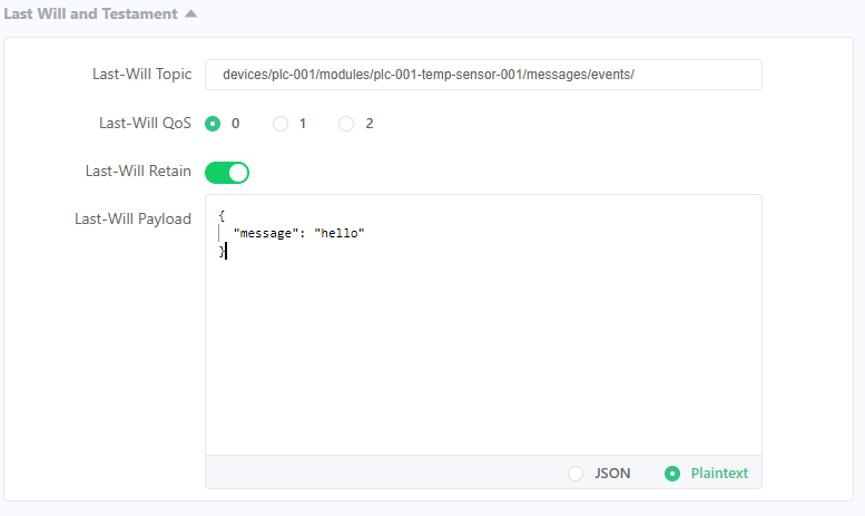 MQTTX New connection WILL Topic